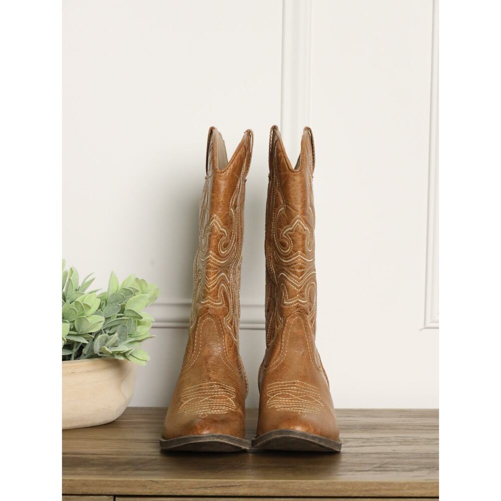 Coconuts by Matisse Western Cowboy Boots Brown Leather 6.5 Embroidered Stitch - Picture 6 of 11